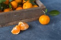 Citrus. Bright ripe tangerines with green leaves in a wooden bo