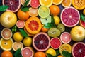 Citrus colorful fruits background mix flat lay, summer healthy vegetarian vitamin food