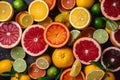 Citrus colorful fruits background mix flat lay, summer healthy vegetarian vitamin food