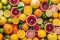 Citrus colorful fruits background mix flat lay, summer healthy vegetarian vitamin food