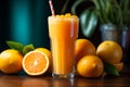 Citrus delight A glass of orange juice, blue straw, and a mound of oranges