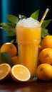 Citrus delight A glass of orange juice, blue straw, and a mound of oranges