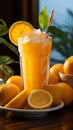 Citrus delight A glass of orange juice, blue straw, and a mound of oranges