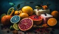 A citrus feast on a rustic table, celebrating nature bounty generated by AI