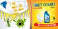 Citrus fragrance toilet cleaner ads. Cleaner bobs kill germs inside toilet bowl. Vector realistic illustration. Horizontal banner.