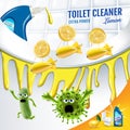 Citrus fragrance toilet cleaner ads. Cleaner bobs kill germs inside toilet bowl. Vector realistic illustration. Poster.