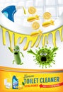 Citrus fragrance toilet cleaner ads. Cleaner bobs kill germs inside toilet bowl. Vector realistic illustration.