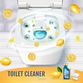 Citrus fragrance toilet cleaner gel ads. Vector realistic Illustration with top view of toilet bowl and disinfectant container. Po Royalty Free Stock Photo