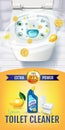 Citrus fragrance toilet cleaner gel ads. Vector realistic Illustration with top view of toilet bowl and disinfectant container. Ve