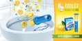 Citrus fragrance toilet cleaner gel disc ads. Vector realistic Illustration with toilet bowl gel dispenser and gel discs. Horizont
