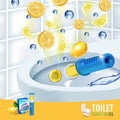 Citrus fragrance toilet cleaner gel disc ads. Vector realistic Illustration with toilet bowl gel dispenser and gel discs. Poster.