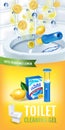 Citrus fragrance toilet cleaner gel disc ads. Vector realistic Illustration with toilet bowl gel dispenser and gel discs. Vertical