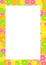 Citrus frame, border with space for text or photo. Summer print composed of yellow lemon, green lime, pink grapefruit and orange o