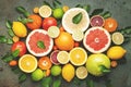 Citrus fruit food background, top view. Mix of different whole and sliced fruits: orange, grapefruit, lime and other with leaves