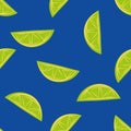 Citrus fruit halves vector seamless pattern background. Lime slices on cobalt blue backdrop. Hand drawn geometric Royalty Free Stock Photo