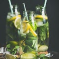 Citrus fruit and herbs infused sassi natural water, square crop Royalty Free Stock Photo