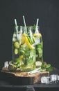 Citrus fruit and herbs infused sassi water in glass bottles Royalty Free Stock Photo