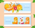 Citrus fruit juice vector illustration set, cartoon flat summer advertising banners with orange splashes, slices, juice Royalty Free Stock Photo