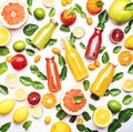 Citrus fruit juices, fresh and smoothies, food background, top view. Mix of different whole and cut fruits: orange, grapefruit, Royalty Free Stock Photo