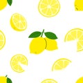 Citrus fruit. Lemon branch with green leaves. Lemon whole and cut, half and slices. Vector seamless pattern with lemons Royalty Free Stock Photo