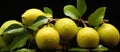 Citrus fruit plant with yellow lemons, green leaves, on black background Royalty Free Stock Photo