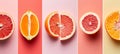 Citrus fruit products collage divided with white vertical lines, brightly lit with white background