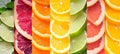 Citrus fruit products collage with white vertical lines bright white light, 7 segments