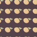 Citrus fruit seamless pattern with doodle mandarin ornament. Orange shapes on brown background. Pale palette artwork