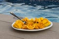 Citrus Fruit Slices On Big Plate On Against Blue Pool Water Background.Orange For Fresh Tropical Diet