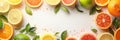 Citrus fruits background with copy space, top view on white, realistic stock photo