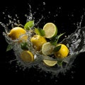 Citrus Fruits on black background with water splash