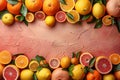 Citrus fruits creatively organized around the periphery, exposing a textured pink area in the middle, space for text.