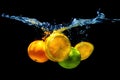 Citrus Fruits Dropped in Water with Splashes on Black Royalty Free Stock Photo