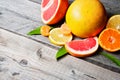 Citrus fruits - lemon, mandarin, grapefruit, top view, copy space