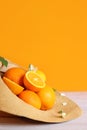 Citrus fruits on an orange background Royalty Free Stock Photo