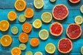 Citrus fruits orange, lemon, grapefruit, mandarin, lime on blue background Royalty Free Stock Photo