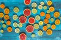 Citrus fruits orange, lemon, grapefruit, mandarin, lime on blue background Royalty Free Stock Photo