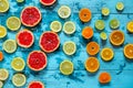 Citrus fruits orange, lemon, grapefruit, mandarin, lime on blue background Royalty Free Stock Photo