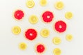 Citrus fruits pattern of lemon and grapefruit on white background. Flat lay, top view. Fruit`s background