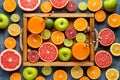 Citrus fruits sliced harvest mix flat lay in wooden tray on blue concrete background, healthy vegetarian organic food Royalty Free Stock Photo