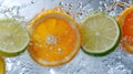 Citrus fruits in a splash of water, macro shots of soda or fruit juice, generated AI