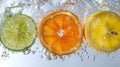 Citrus fruits in a splash of water, macro shots of soda or fruit juice, generated AI