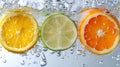 Citrus fruits in a splash of water, macro shots of soda or fruit juice, generated AI