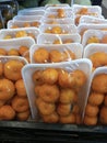 citrus fruits in styrofoam containers neatly arranged on minimarket shelves