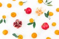 Citrus and garnet fruits on white background. Flat lay. Top view