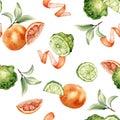 Citrus grapefruit and bergamot fruits slices and leaves on watercolor seamless pattern isolated. Hand drawn ripe plants Royalty Free Stock Photo