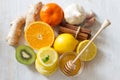 Citrus, honey and garlic as home remedies for colds and flu. Immunity Royalty Free Stock Photo