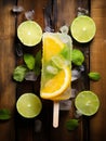 A citrus-infused popsicle sits on a wooden table, surrounded by slices of fresh lemon and lime. Generative AI