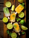 A citrus-infused popsicle sits on a wooden table, surrounded by slices of fresh lemon and lime. Generative AI