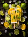 A citrus-infused popsicle sits on a wooden table, surrounded by slices of fresh lemon and lime. Generative AI